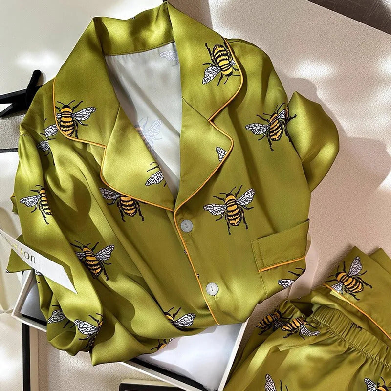 Womens Pajama Set Spring Autumn 2 Piece Bee Print Pyjama Pocket Faux Silk Satin Sleepwear Long Sleeve Pijama Mujer Pjs Homewear 240923