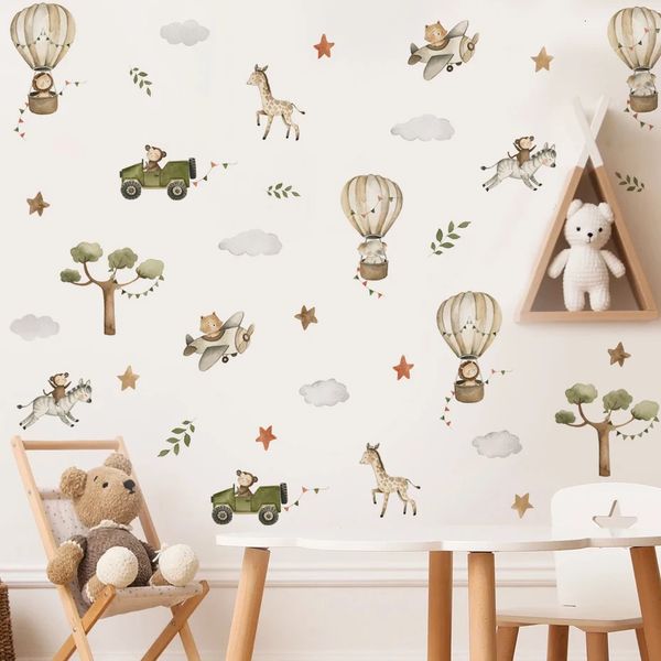 Watercolor Safari Animals Air Balloon Plane Tree Wall Stickers for Kids Room Bedroom Living Room Home Decoration Wall Decals 241223