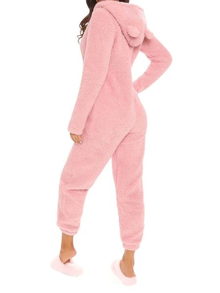 Womens Plush Fleece Pajama Jumpsuit - Hooded Zip-Up Easy-Care Solid Color Casual Lounge Onesie for Fall-WinterC241209C250109
