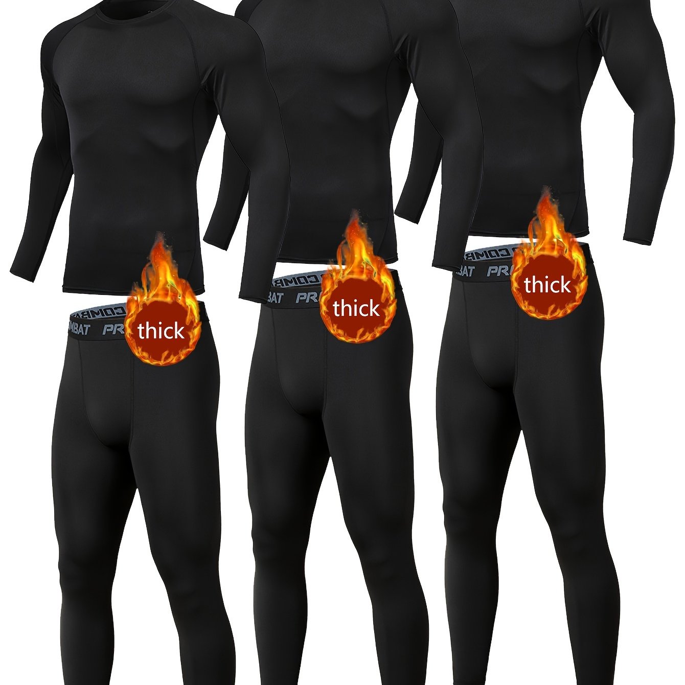 TEMU 6pcs Men's Thermal Compression Set - Quick-dry, High- Breathable Base Layer Shirts & Leggings With "thick" Waistband, Ideal For Fall & Winter