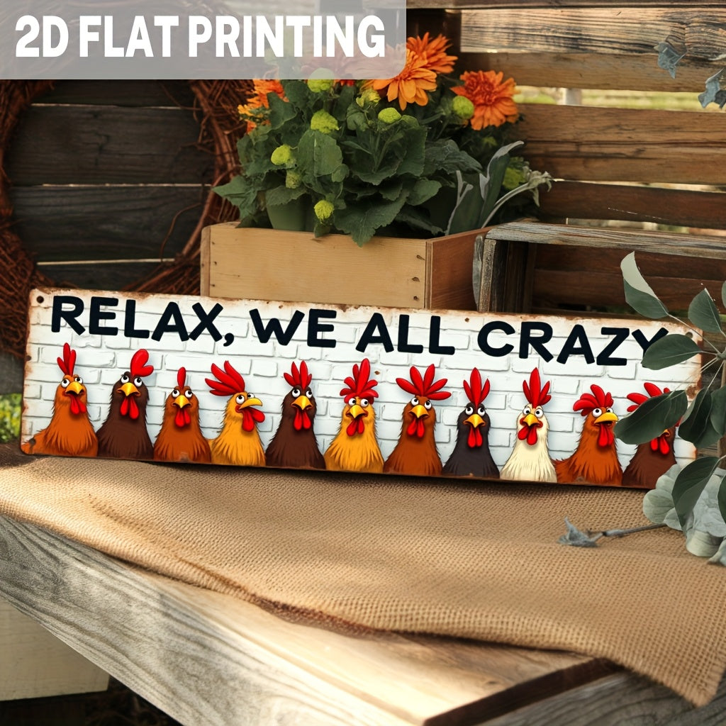 TEMU 2d Flat, 1pc Funny Chicken Metal Wall Decor - "relax, Crazy" Farmhouse Sign With Red & Brown - Rustic Kitchen, Living Room, Bar Decoration -