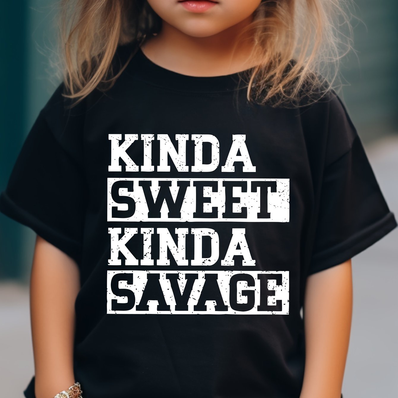 TEMU Toddle Girls Sweet Savage Print Short Sleeve T-shirt, Crew Neck Tees For Summer Gift Outdoor