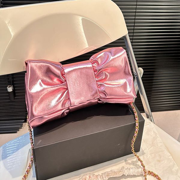 Ladies Designer Lovely Bow Dinner Bag Shiny Leather Five Colors Pleated Decoration Gold Silver Hardware Matelasse Chain Shoulder Bags Crossb