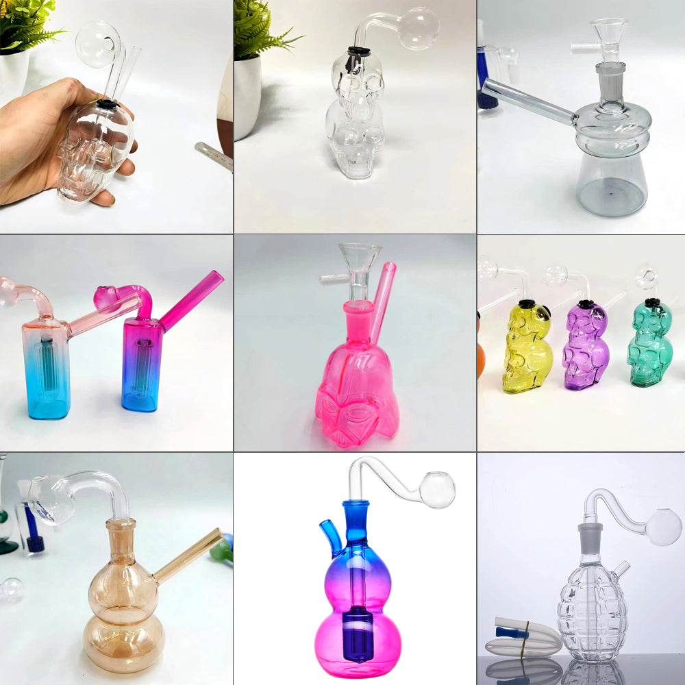 Various Styles Color Mini Glass Oil Bong With 14mm Glass Oil Burner Pipes Skull Hookah Water Bubbler Ash Catcher Smoking Dab Rigs Hand Hold Glass Bo