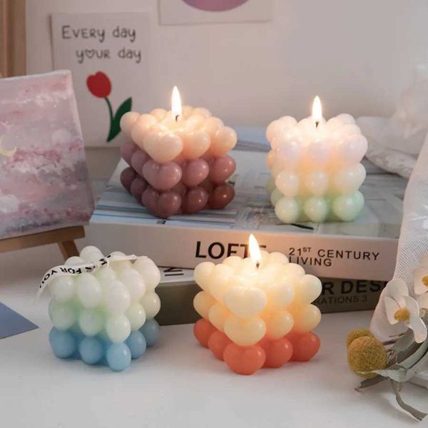 1pc Ins style Gradient Love Bubble Cube Candle Handmade Scented Candle Aromatherapy Soy Wax Candle Wedding Party Home DecorationXJ241112