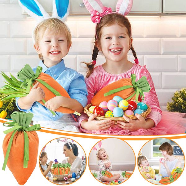 Gift Wrap 10-20Pcs Easter Velvet Bags Cute Carrot Candy Drawstring Bag Goody Packaging for Kids Party Decor Supplies 230227