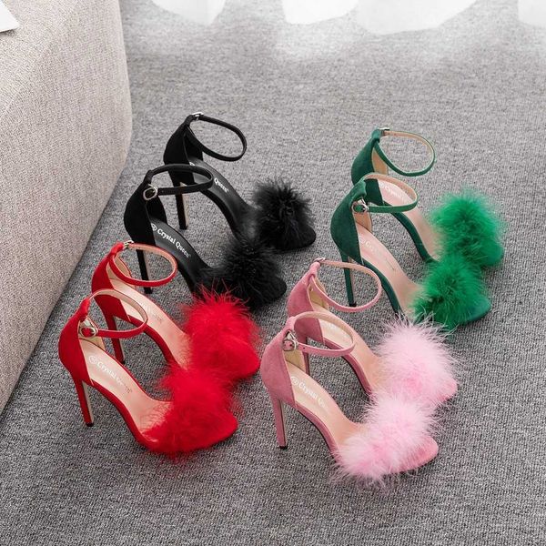 Sandals Crystal Queen Women Summer Sandals Fluffy Peep Toe Stilettos High Heels Fur Feather Lady Wedding Shoes Large Size 42 J250116