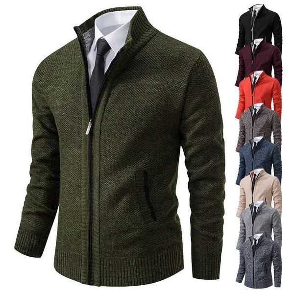 Autumn And Winter New Jersey Mens Casual Sports Coat Solid Color Stand Collar Wweater Grab Fleece Warm Zipper CardiganXJ241111