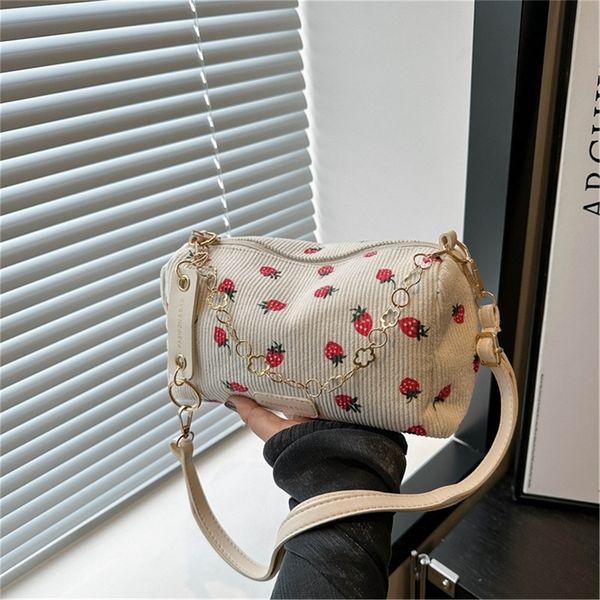 Strawberry print horizontal mini bag Corduroy Fresh Ins style lingerie refined female student travel shoulder 241212