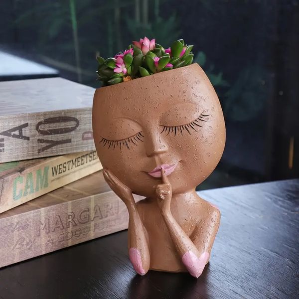 Rustic Brown Face Planter, Whispering Garden Art, Resin Flower Pot Decor, Craft Tool for Floral Arrangements, Outdoor Patio Decor