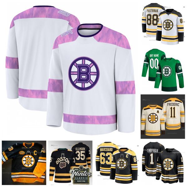 Brad Marchand Bruin 2024 Hockey Fights Cancer Jersey 25 Carlo David Pastrnak Charlie McAvoy Morgan Geekie Matthew Poitras Peeke Jeremy Swaym