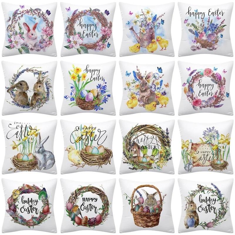 Pillow Sunday Easter Decorative Cover 45x45cm Colorful Egg Wreath Printed Farmhouse Home Decor Pillowcase