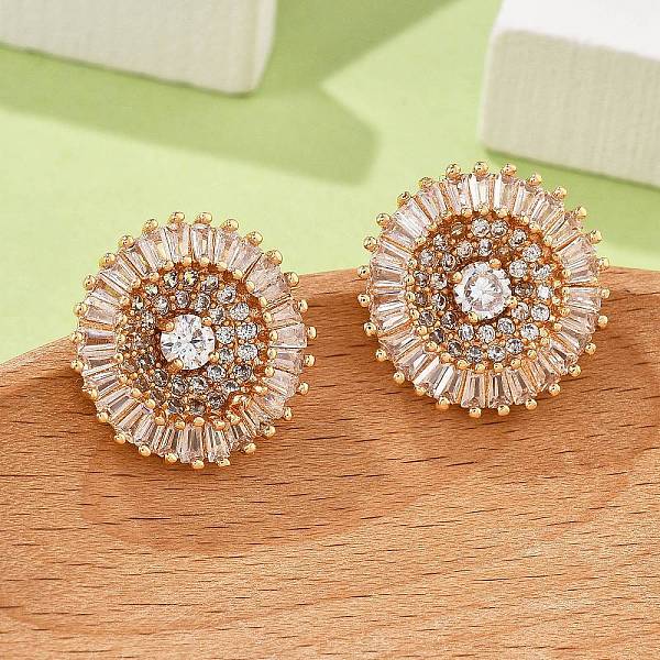 Boucles d'oreilles à tige rondes plates en laiton avec micro pavé de zircons cubiques transparents pour femmes
