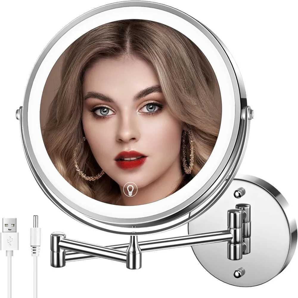 Wall Mounted Lighted Makeup Mirror 8 Rechargeable Double-Sided Magnifying Mirror 1x-10x 3 Colors Led Touch Dimmable Y240819