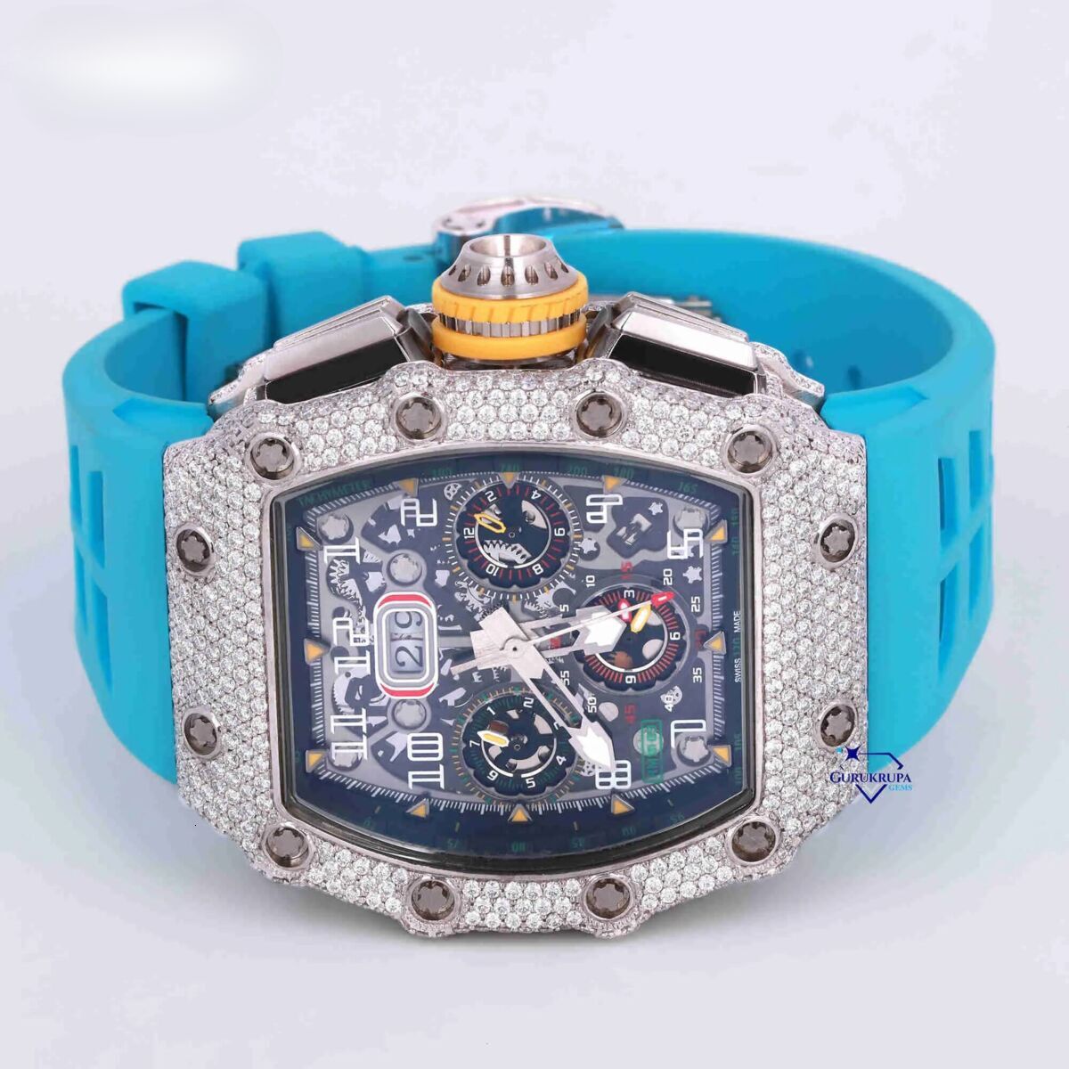 Luxuriously sky blue rubber belt hip hop watch crafted in moissanite dia with vvs clarity