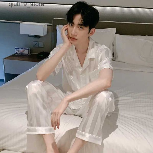 home clothing White Striped Men Pajamas Suit Short Sleeved Long Pants Thin Ice Silk Sleepwear Summer Satin Silk Home Clothing Set Pyjamas Ma