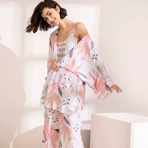 SPRING FALL Ladies Sleepwear Ral Printed HOT SELG 3Pcs Soft Pama Set For Pink Leaves Cardigan+Camisole+Pants Homewear