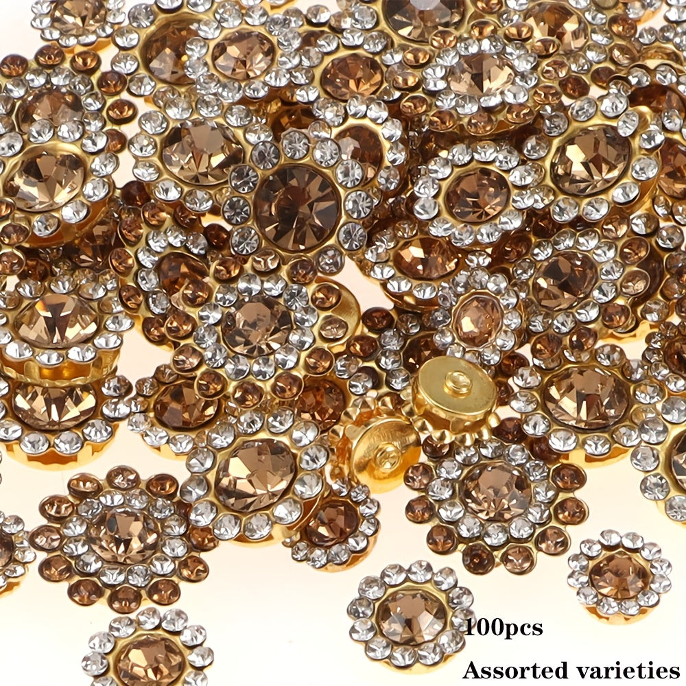 TEMU 100pcs Ywli Mixed Color Glass Sunflower Hand-sewn Drills - Multicolor Decorative Sewing Embellishments With Sunflower Yellow Base For Clothing,