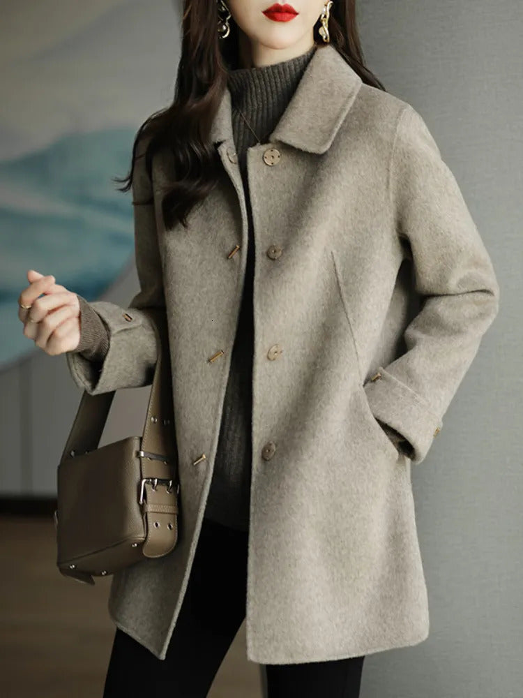 Womens Wool Blends Autumn Winter Woolen Coat Slim Fashion Office Lady Square Collar Single Breasted Coats Widewaisted Pocket 230928