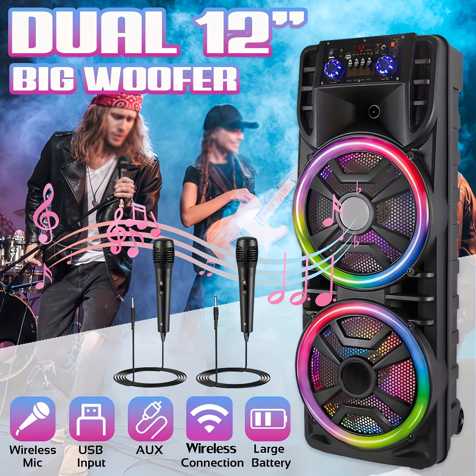 TEMU 2800w Portable Bluetooth Speaker With Double 12'' Subwoofer Heavy Bass Stereo Loudspeaker, Fm Radio, Wireless Microphone, Party Lights, Remote