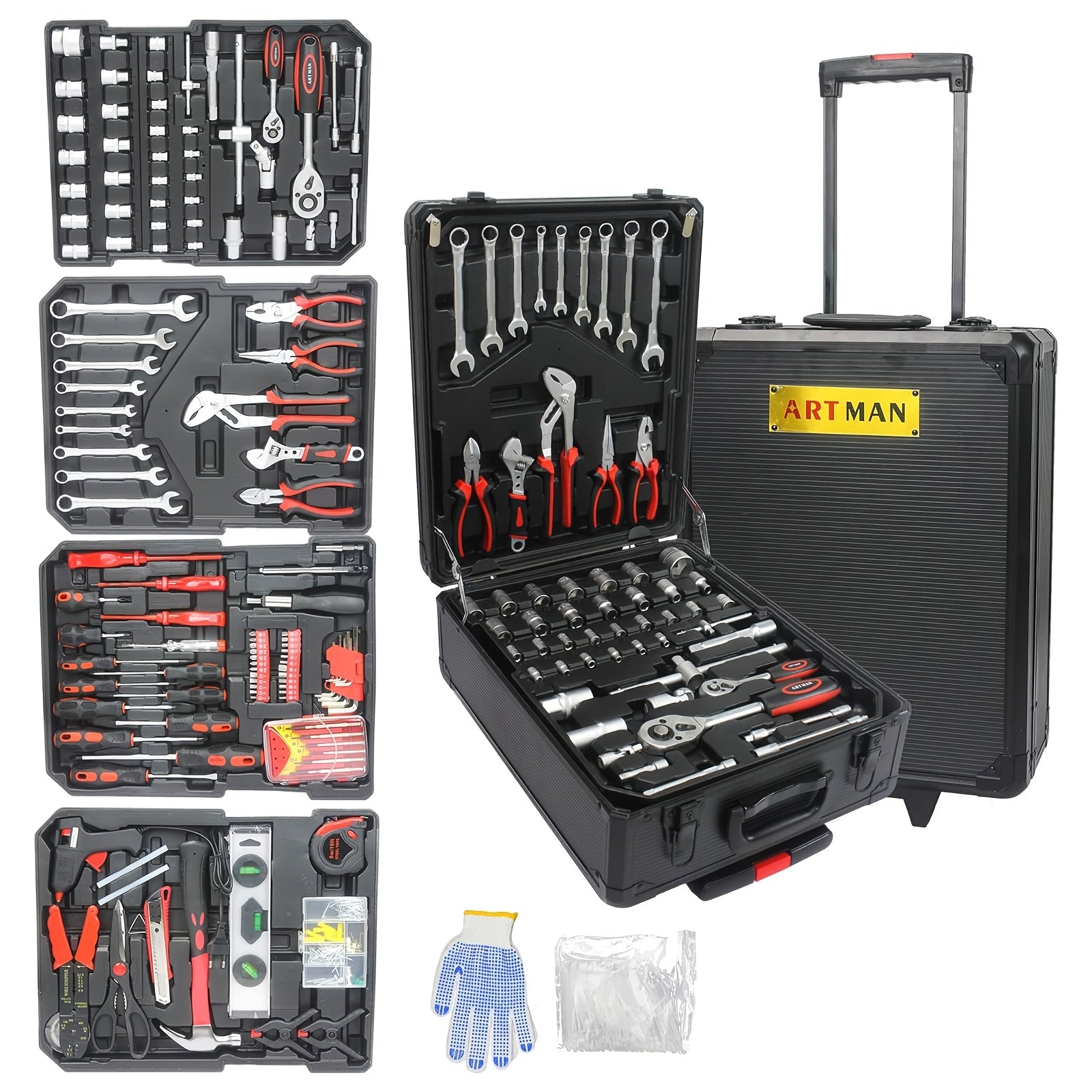 TEMU 148-899pcs Artman Hand Tool Set In Durable White Metal Box With 4 Layers, Portable Design & Wheels - Ideal For Maintenance, Includes Sockets,