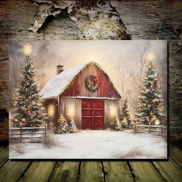 1 enchanting red barn Christmas canvas wooden frame winter holiday wall decoration Y250113