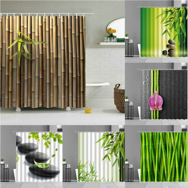Shower Curtains Green Bamboo Plants Leaf Zen Stone Flower Landscape For Home Bathroom Decor Waterproof Curtain Background Cloth 230422