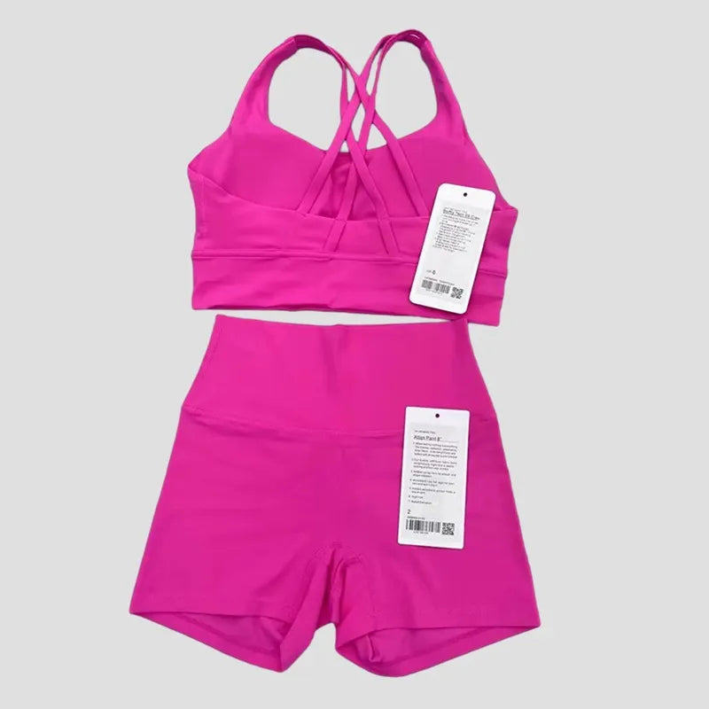 Women Two Pieces Yoga Set Backcross Sport Bra Fitness Tank Top High Waisted Workout Tights Biker Gym Shorts Tracksuits Activewear