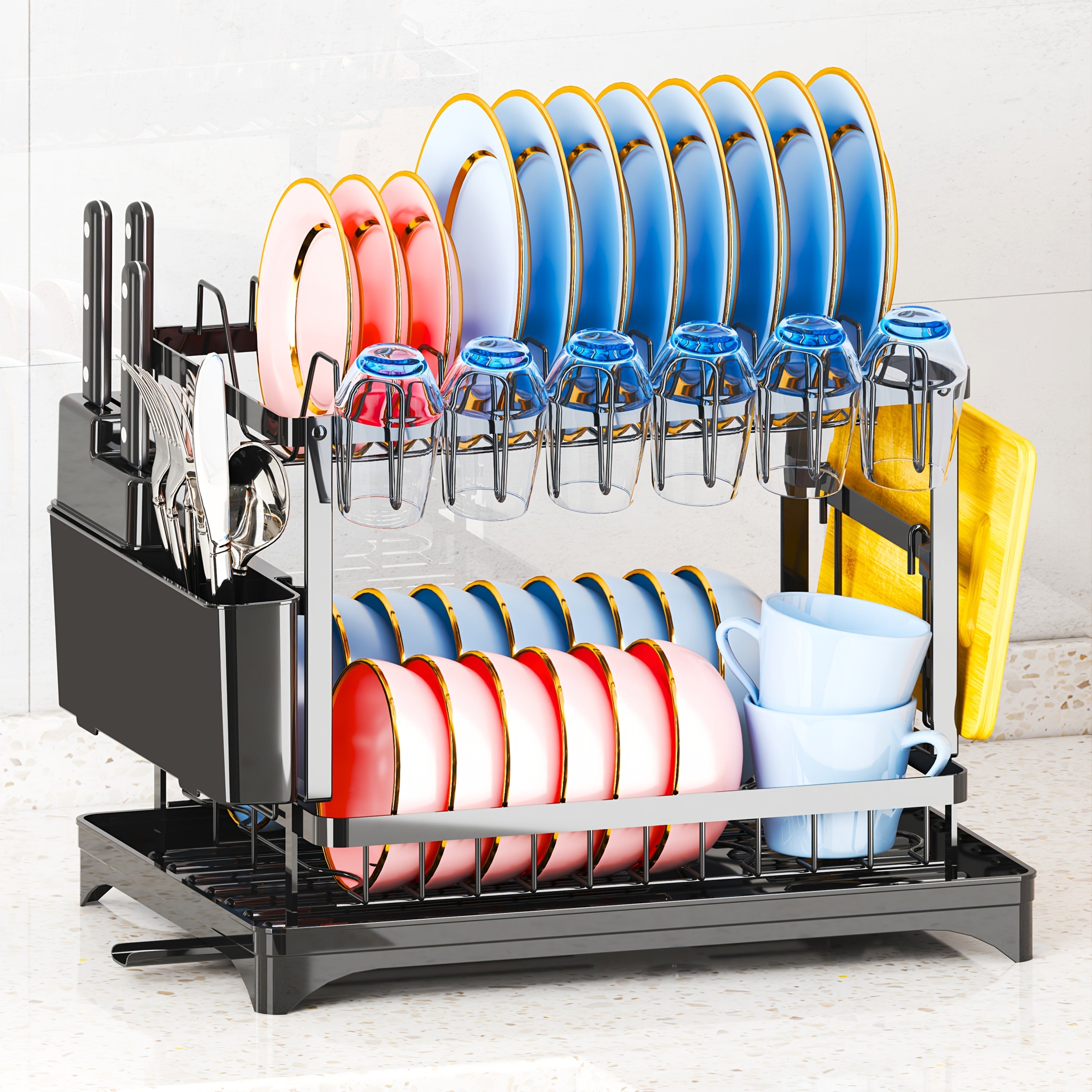 TEMU Dish Rack, 2 Tier Utensil Holder, Rustproof Kitchen Dish Drying Rack With And Utensil Holder For Kitchen Countertop, Kitchen Accessories