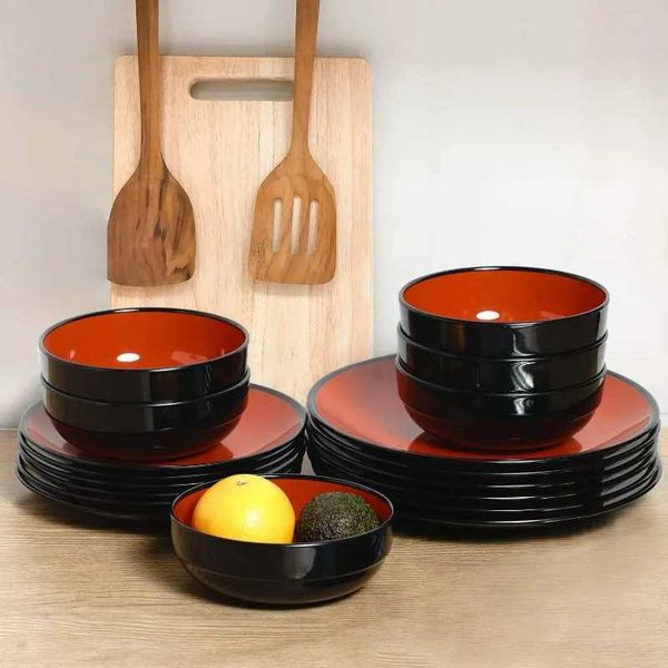 Dinnerware Sets Service for 6 Melamine Dinner Plates and Bowls Set 18-Piece Dishes Set (Red Black)XJ241209