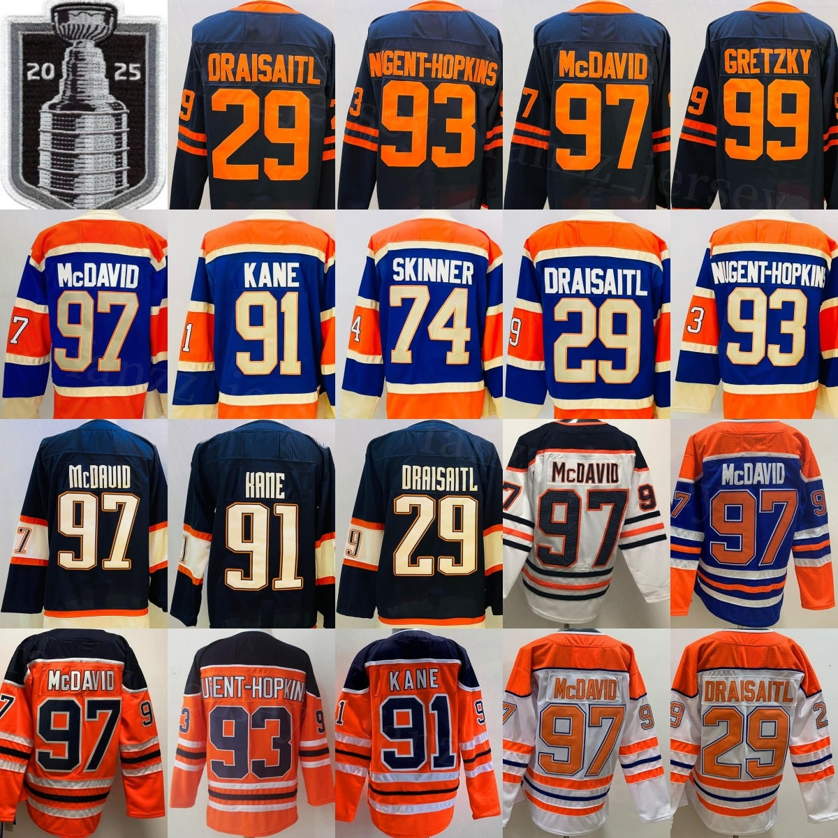Stanley Cup 2025 Hockey 91 Evander Kane Jersey Men 74 Stuart Skinner 99 Wayne Gretzky 97 McDavid 29 Leon Draisaitl 93 Ryan Nugent-Hopkins Navy Blue