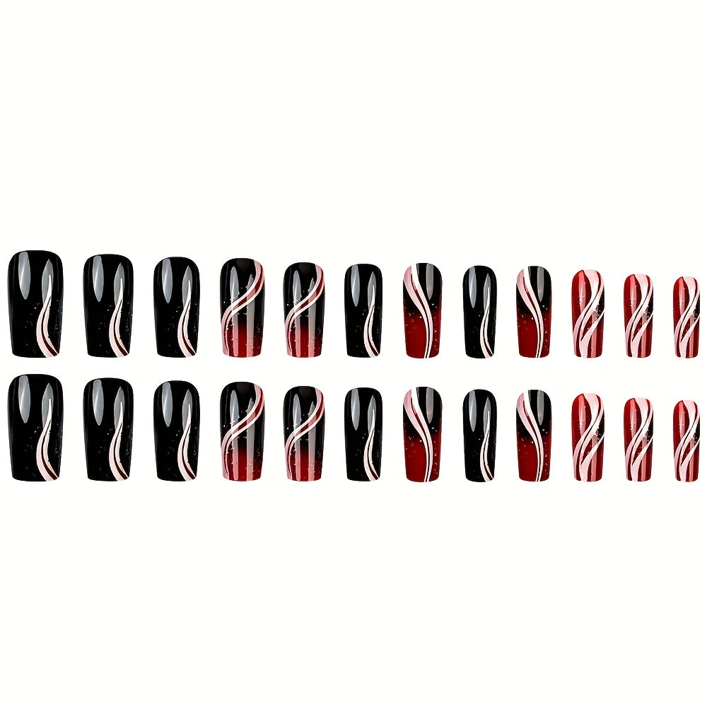 TEMU 24pcs Glossy Press On Nails Black And Red Striped Glitter Style Fake Nails With Gradient Glitter Artificial Reusable False Nails For Women And S