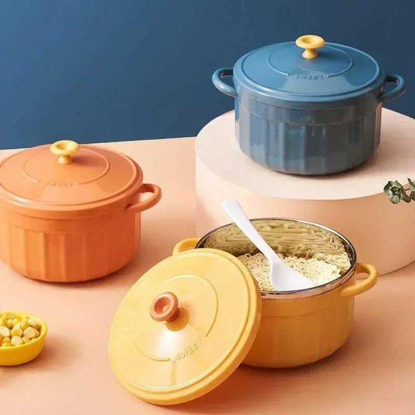 Noodle Bowl Microwave-Heatable Stockpot 2024 Stainless Steel Bowl Tableware Modern Double Ear Soup Bowls with Lid Candy ColorXJ241214
