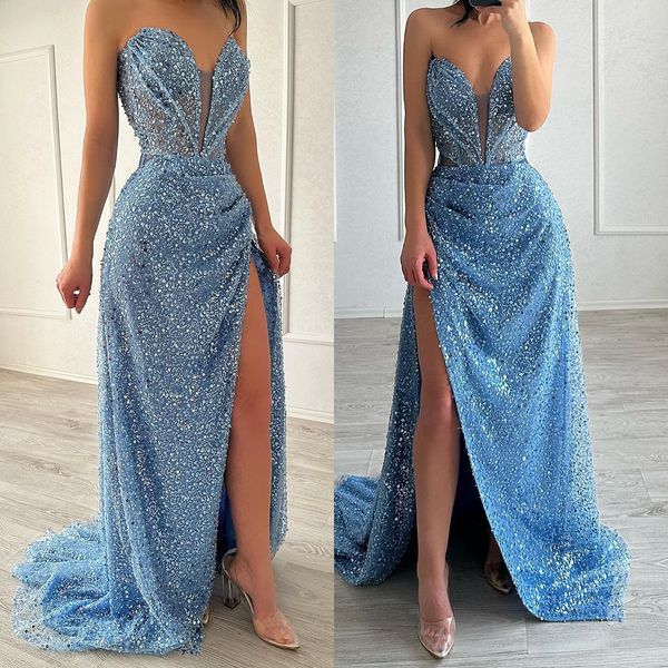 Fabulous Baby Blue Prom Dress Sequins Sweetheart Promdress Evening Elegant Thigh Split Dresses For Special Ocns Robe De Soiree