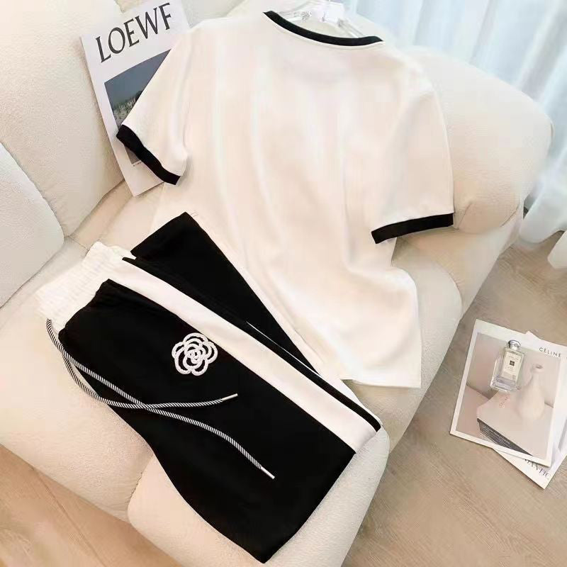 Women&#039;s Casual Tracksuit Set - Black Short Sleeve Top with Camellia Embroidery & Wide-Leg Pants Two-Piece Outfit