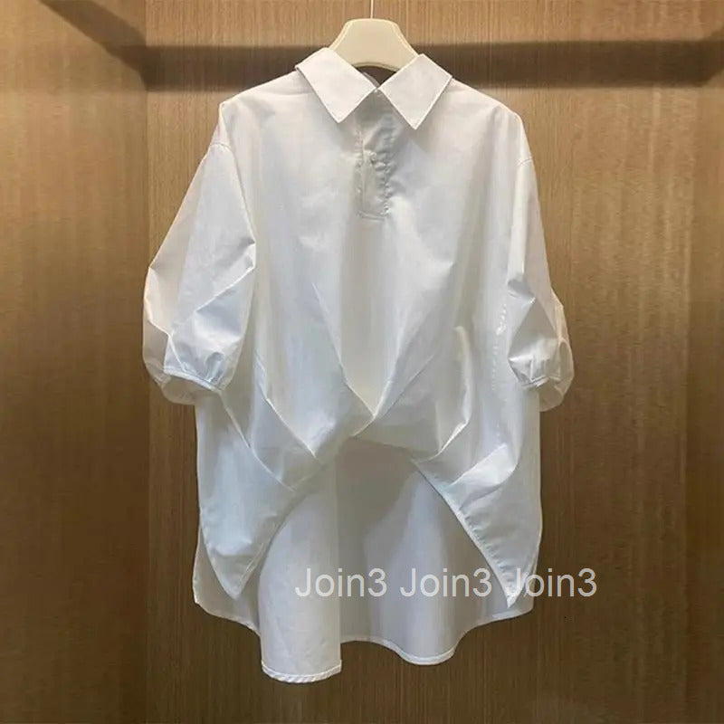 White Short Sleeve Women Shirts Oversized Tops Chic Irregular Temperament Blouses Fashion Casual Vintage Summer Camisas De Mujer