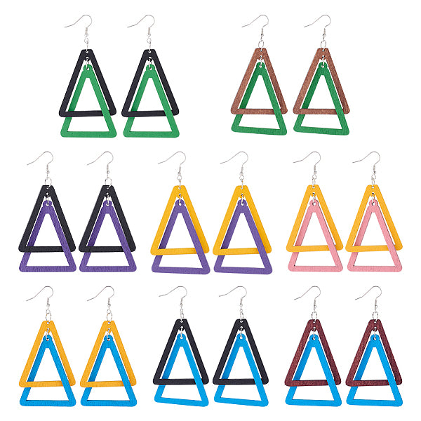 8 paire de boucles d'oreilles pendantes en bois à double triangle de 8 couleurs avec épingles en fer