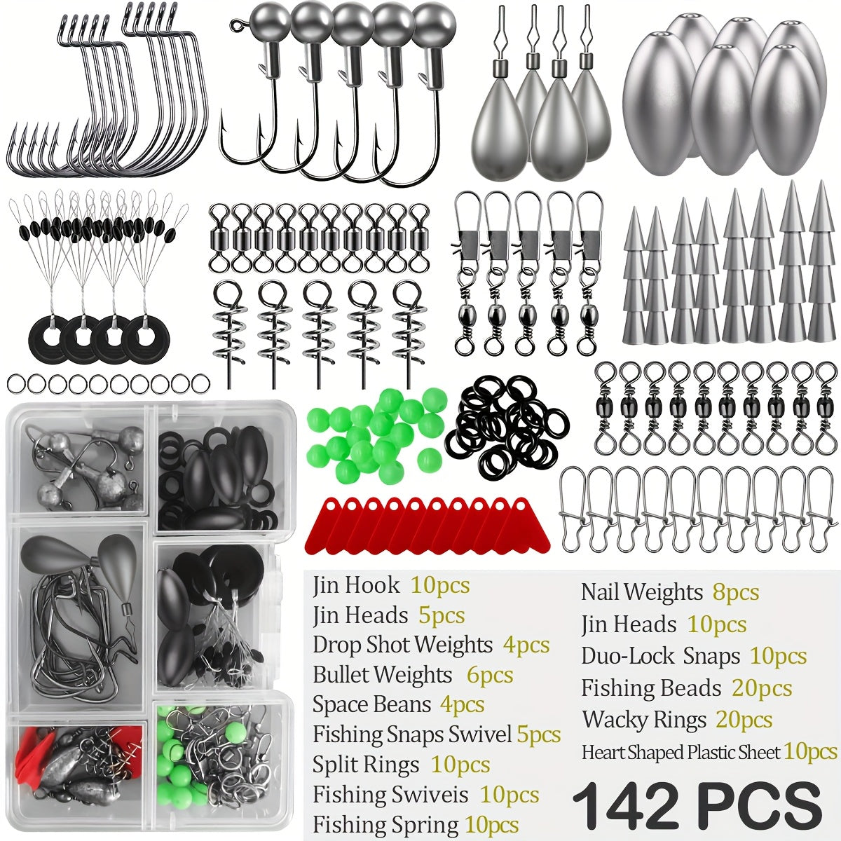 TEMU 142pcs-206pcs-318pcs Fishing Gear Accessories Kit, Fishing Tackle Box With Tackle Included Fishing Hooks, Jin Head Fishing Weights Sinkers, ,