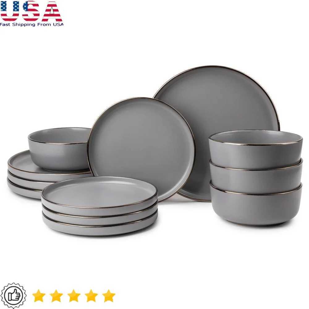 12-Piece Stoneware Dinnerware Set Microwave Dishwasher Freezer Safe Dinner Salad Bowls Elegant Tableware Home Kitchen Essentials l250625