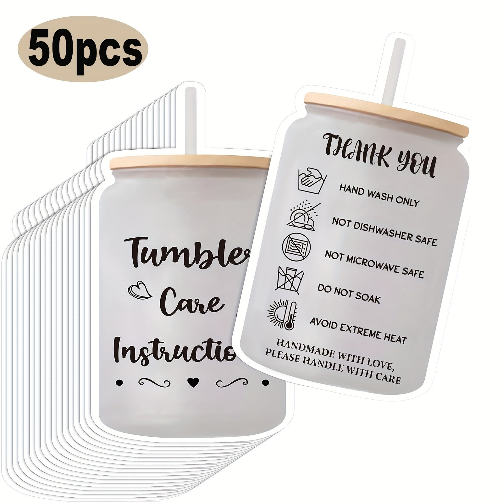 TEMU 50pcs Tumbler Care Cards - Essential Cleaning & Handling Tips For Mugs, Cups, And Bottles, Includes "hand Wash Only" & "do Not Microwave Safe"