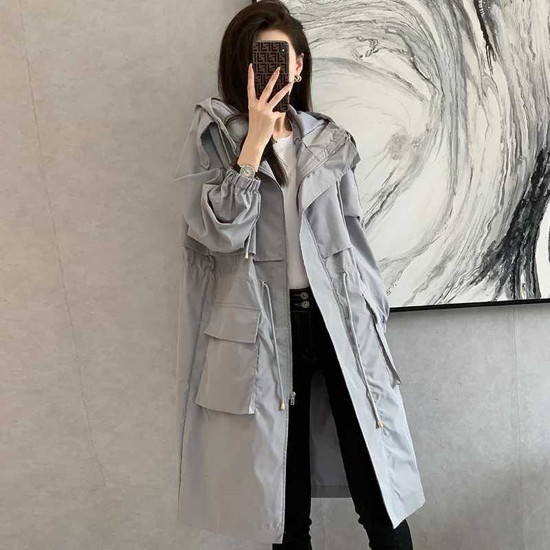 New 2021 Spring Autumn Long Trench Coat Women Loose Hooded Overcoat Female Adjustable Waist Outerwear Korean Fashion WindbreakerX240921