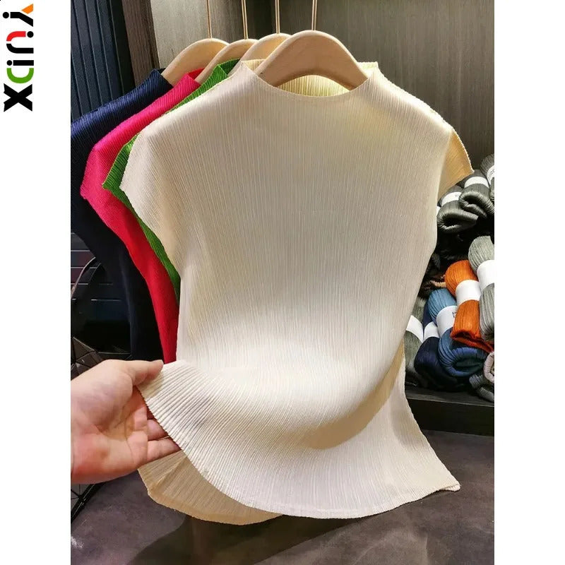 Miyake Versatile Classic Simple Solid Color Stand Up Collar Pleated Top Women Slim Short Sleeve Miyake T-shirt Summer 2024 240925