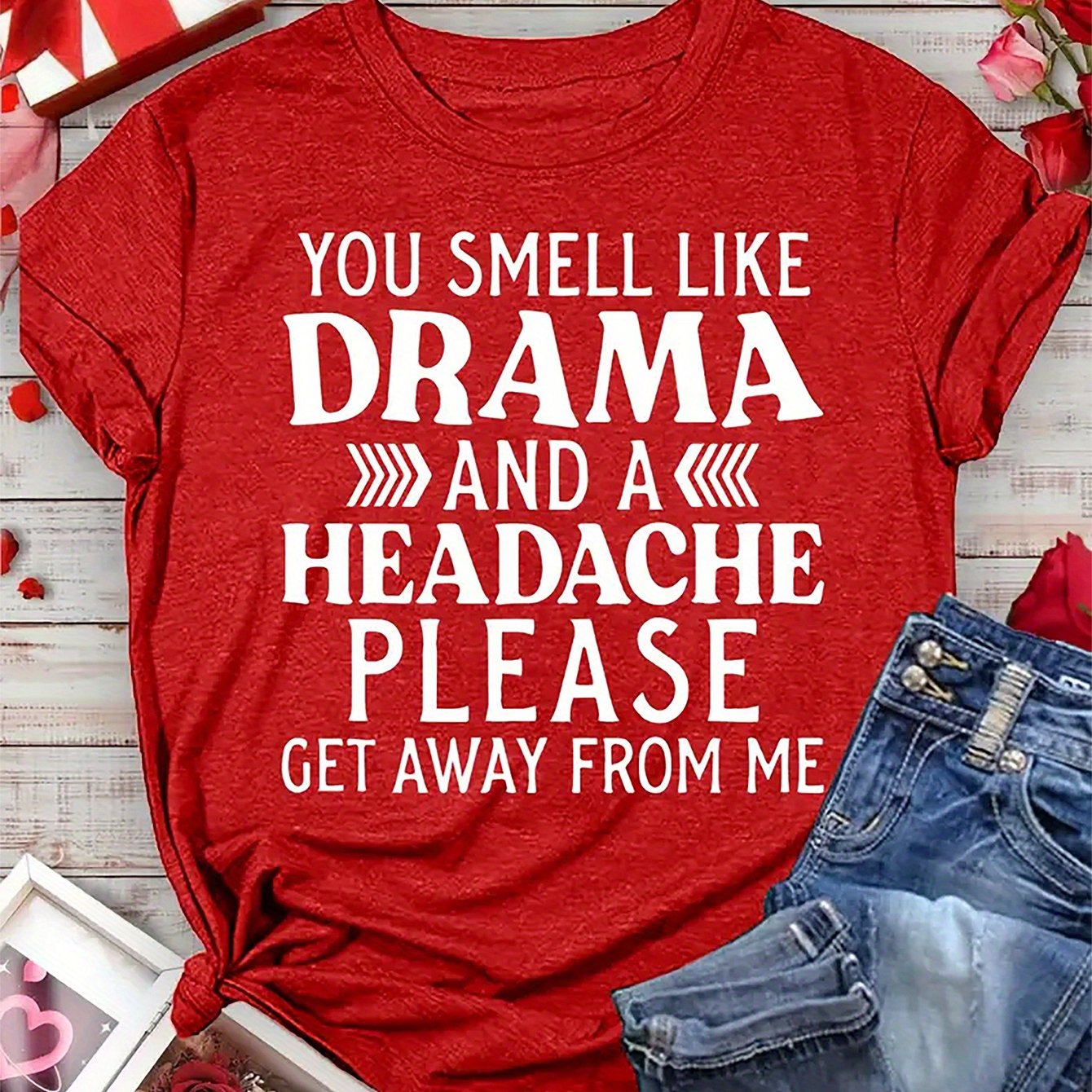 TEMU [ ] Women's T-shirt - "you Smell Like And A Headache" Funny Casual Short Sleeve Tee, Lightweight 180g Polyester, Valentine's Day, Running, Work,