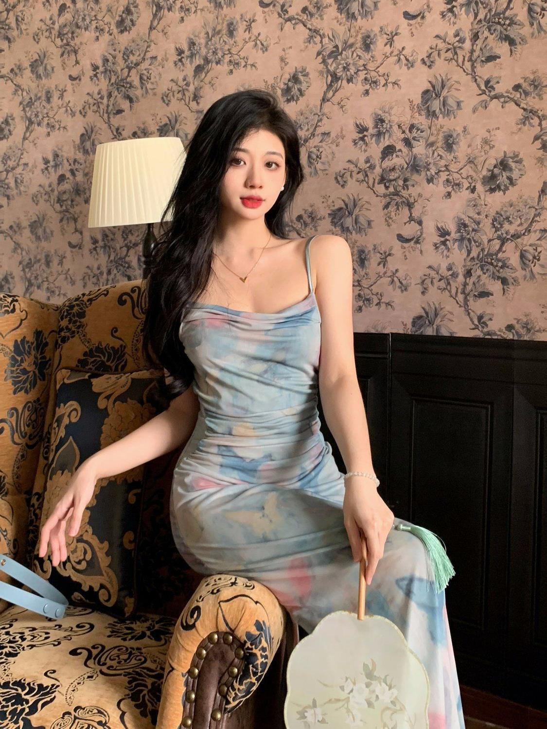 086 suspenders seaside holiday style large size slim waist dress butterfly mesh Chinese aesthetic retro