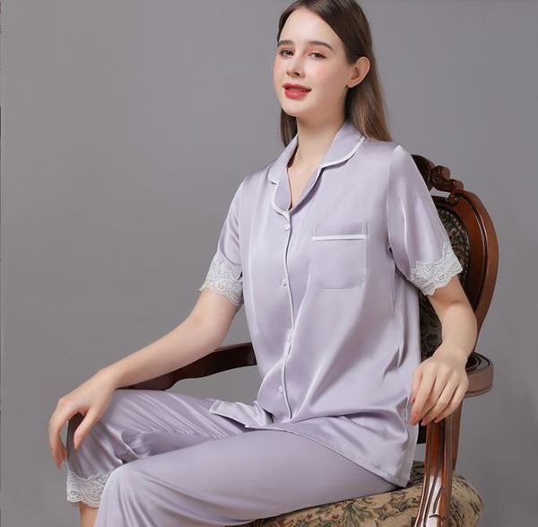 Large-Size Ladies&#039; Ice Silk Sleepwear Set - Short Sleeved Pajama Outfit for Home Use Short Sleeve Large Size for Spring & Autumn Home W