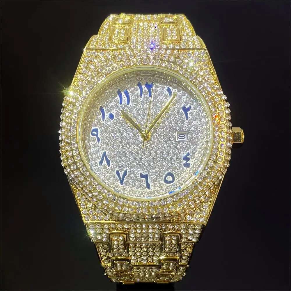 Arab Number Watch For Men Fully Dia Bling Mens Quartz Watches Fashion Iced Out Sier Waterproof Male Clock