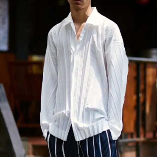 Miyake Pleated Mens Long Sleeve Shirt Spring Business Casual High Fashion Collar Handmade Fabric White Oversized Blouse 240808