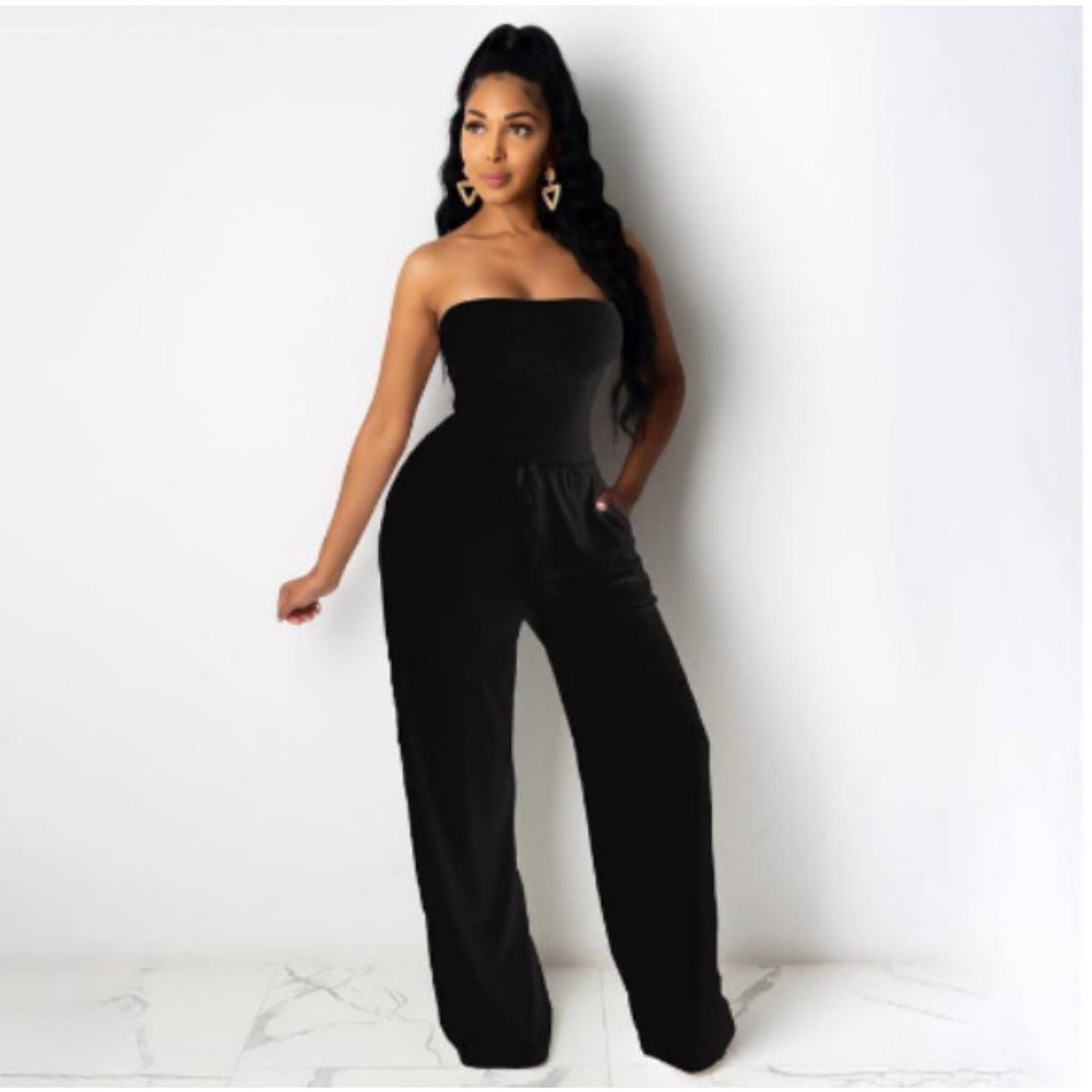 (758) New European and American Solid Color Chest-wrapped Loose Women&#039;s Jumpsuit