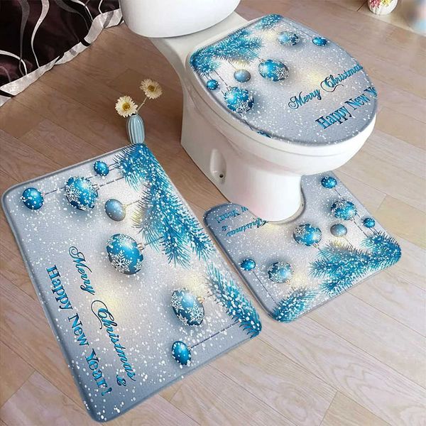 Christmas bath mat set blue Christmas ball pine tree branches snowflakes dreamy toilet cover foot carpet anti slip bathroom accessories set