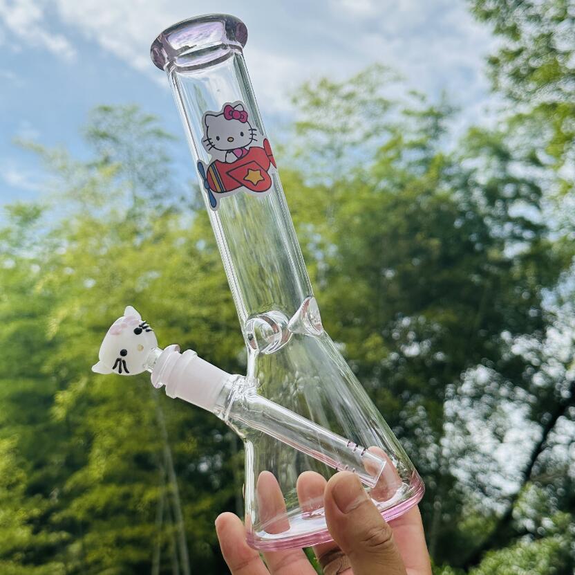 Manufacture 10 inhces Pink Kitty Bong 14mm Male Glass Bong Bowl with Thick Hookah Bowls Water Pipes for Dab Rigs